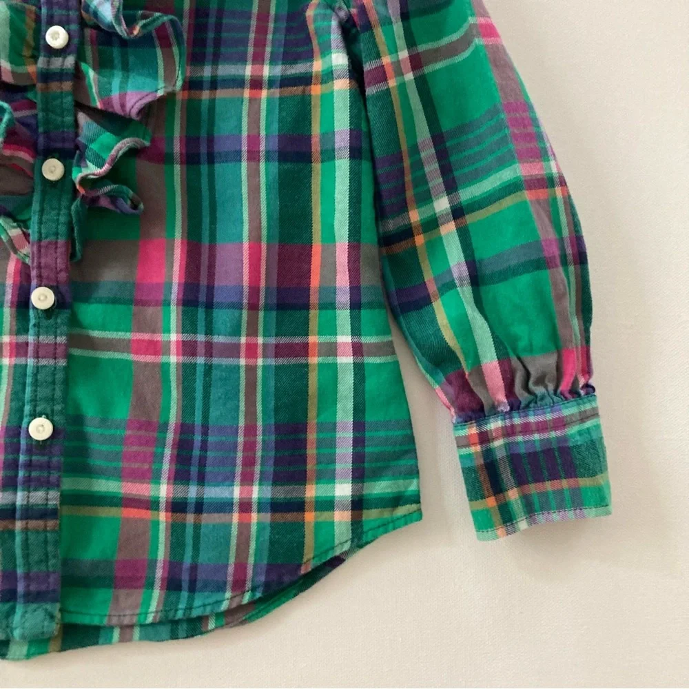 Ralph Lauren 3T Green Pink Plaid Ruffle Shirt